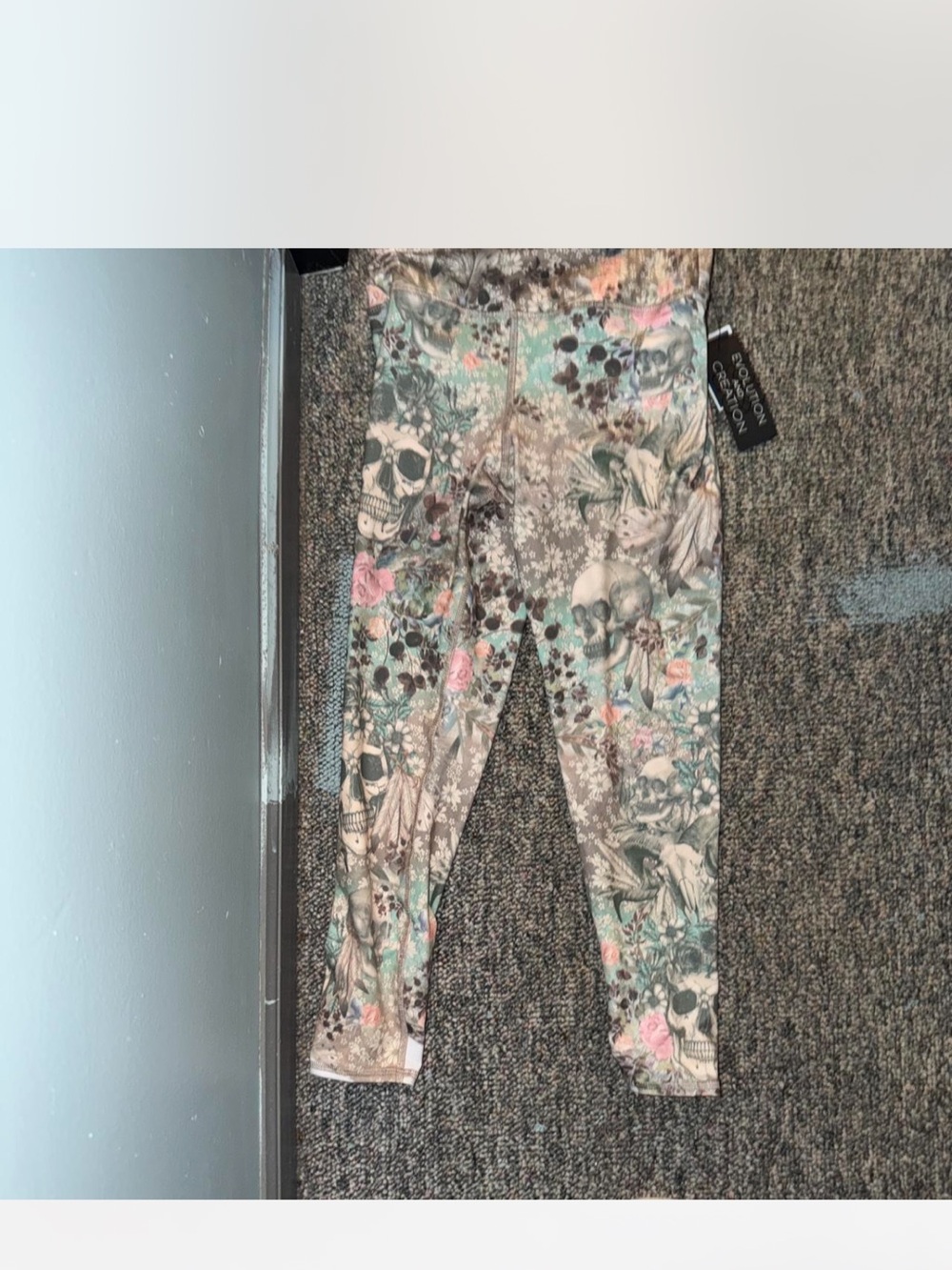Floral Skull Print Leggings -Evolution and Creation Beand- Gray Mint Pink